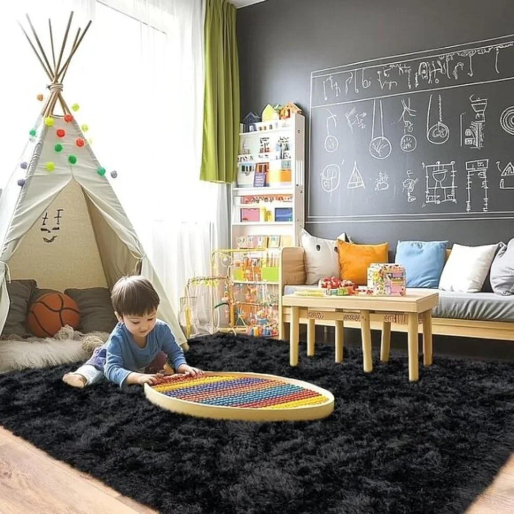 8x10 Black Plush Rug, Fluffy Soft Shaggy Non-Slip Carpet for Home & Room Decor